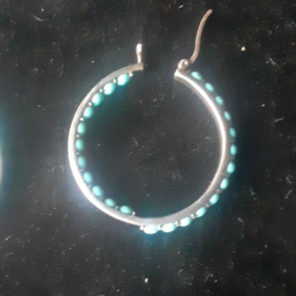 Stylish Silver Hoop Earrings with Turquoise Highlights sx925 Thailand - Picture 3 of 6